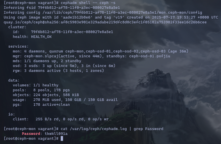 Terminal showing a healthy ceph cluster and the temporary pwd